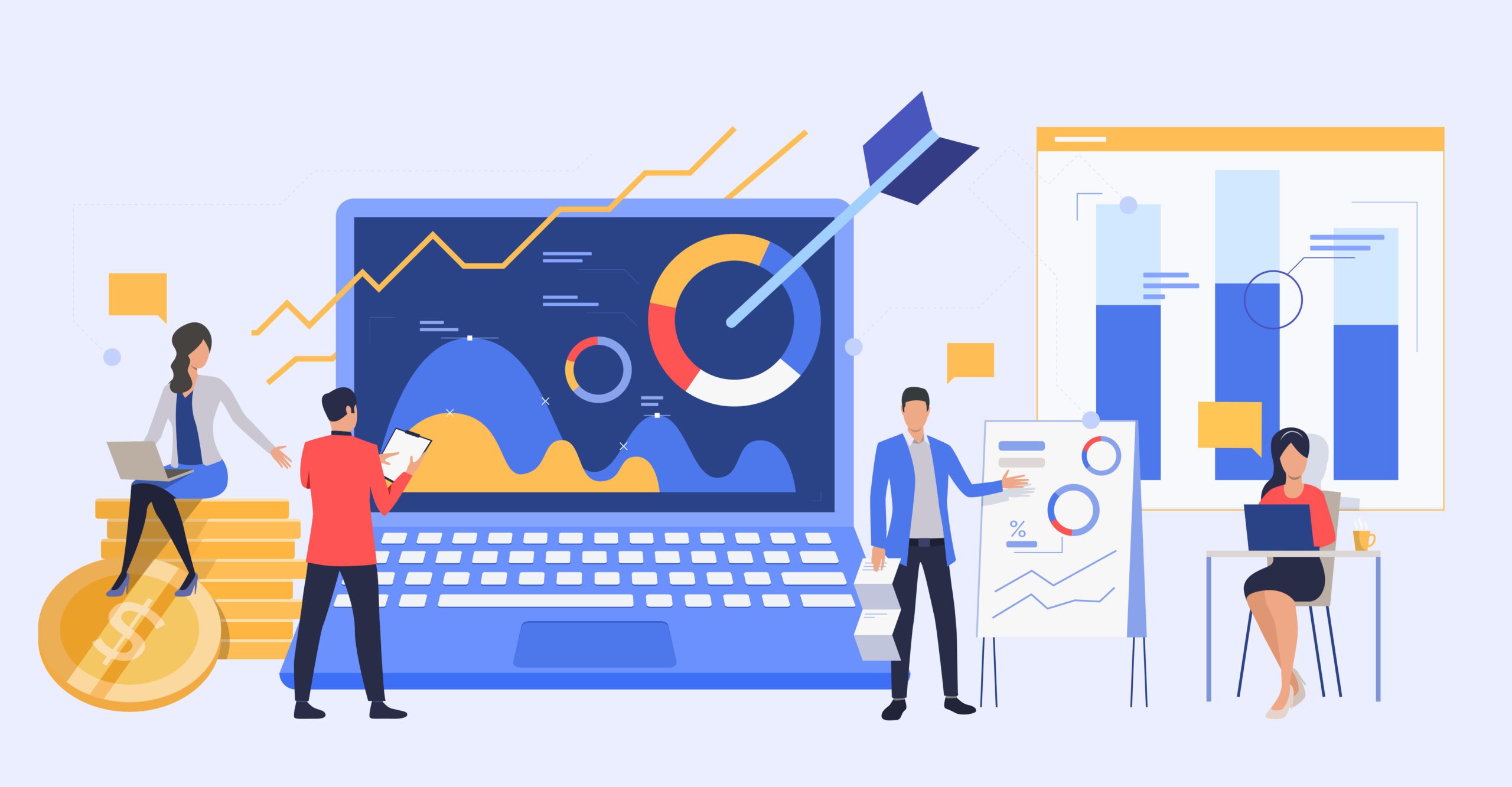 Business people analyzing marketing reports. Managers presenting diagrams vector illustration. Business and analysis concept for banner, website design or landing web page